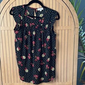 LOFT Black Floral Top with Red and Yellow Accents